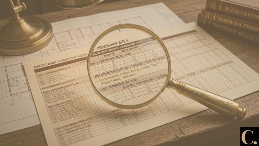 A detailed premium magnifying glass, framed in gold and brass, is positioned over a technical corporate spreadsheet analyzing HR data (performance metrics, promotion velocity, sponsorship gap) disaggregated by race. The magnified area reveals a specific gap: 'Excellence Tax™ Structural Anchor' and annotations '0.5 YRS DIFFERENTIAL'. This conceptual image represents a detailed professional racial equity audit.