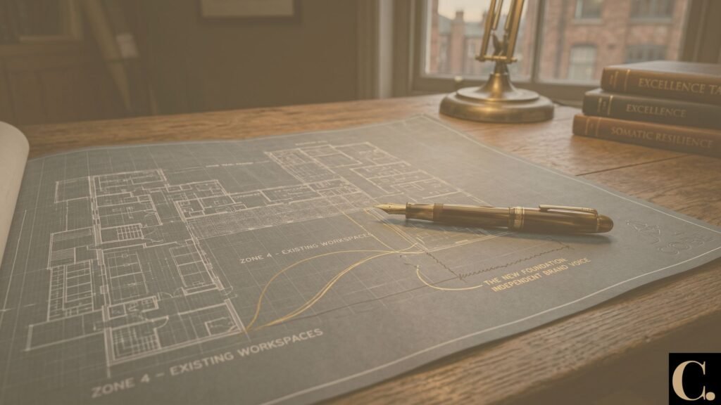 A detailed blueprint illustrating architectural plans, featuring a premium gold fountain pen drawing a new, independent path across the grid in metallic gold ink. This conceptual image represents the strategic exit strategy and brand identity development for Black professional women, bridging structural expertise with career autonomy.